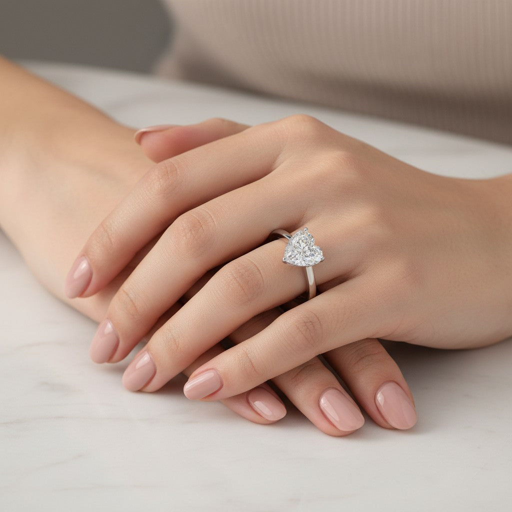 Vithal & Co. 18k white gold solitaire ring with a large heart-shaped diamond.